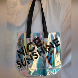 NWT Nice Sunshine Holographic Beach Tote Bag w/Black Straps and Waterproof Pouch